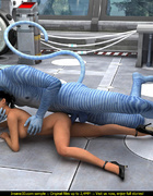 Blue striped male creature with a tail fucking hard a brunette scientist