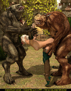 Grey and brown forest creatures handling blonde fairy roughly