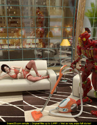 Red robot fucking eagerly a brunette slut in red lingerie and nylons