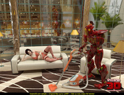 Red robot fucking eagerly a brunette slut in red lingerie and nylons