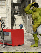 Sexy blonde vixen in a tight suit fucking with overboard 3D Hulk