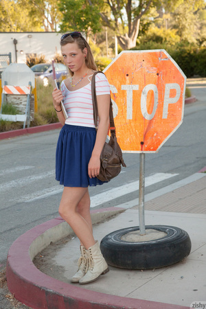 Nasty blonde teen girl in a blue skirt a - Picture 6