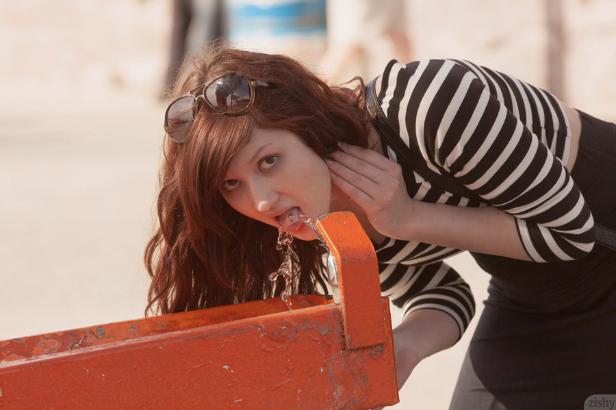 Brunette teenage babe in a striped blouse s - XXX Dessert - Picture 1