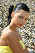 skinny brunette yellow dress