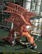 Awful toon creature with big wings handling cute space woman badly