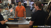 Sexy gay dude gets plugged both ends by a pawn shop owner and his friend