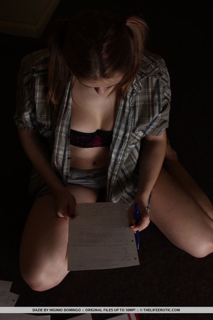 Brunette in a flannel shirt and shorts g - Picture 3