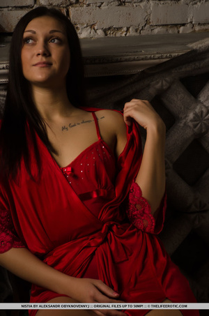 Tattooed brunette in a red dress shows h - XXX Dessert - Picture 1