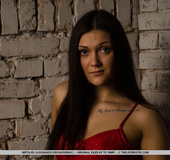 Tattooed brunette in a red dress shows her hot holes.