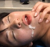 Young student in uniform gets gangbanged on a blue mat.