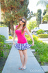 Jolly brunette shows her pink lacy panties then gives you a peek at her