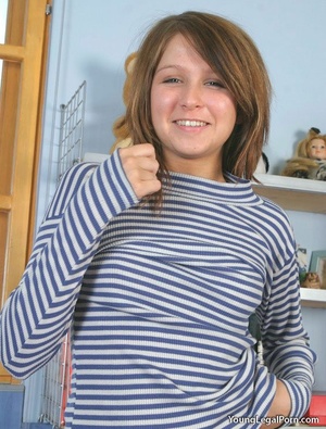 Young lass in striped top and bottoms strips to her birthday suit. - XXXonXXX - Pic 1
