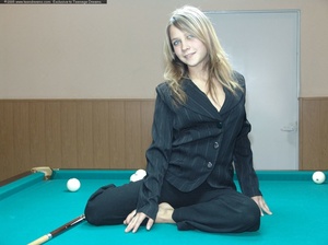 Playful blonde slips off overall on snooker table to show off hot tits and booty - Picture 2