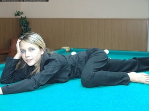 Playful blonde slips off overall on snooker table to show off hot tits and booty - XXXonXXX - Pic 7