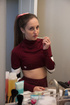 ponytailed brunette chick wine-red