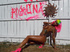 Taunting model in colorful net top and pink heels struts and poses on