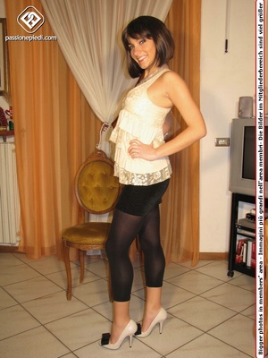 Cute teeny in a beige blouse and leggings takes off her shoes to flaunt her toes - XXXonXXX - Pic 1