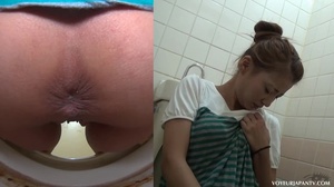 Horny babe strips down to red bra and blue panties in public toilet to masturbate - Picture 5