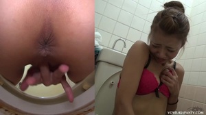 Horny babe strips down to red bra and blue panties in public toilet to masturbate - Picture 16