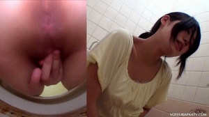 Cute Asian babe in yellow top explores her tight pussy with fingers in toilet - Picture 14