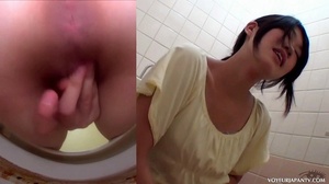 Cute Asian babe in yellow top explores her tight pussy with fingers in toilet - Picture 15