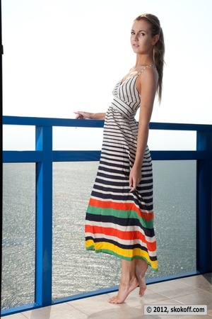 Captivating toots sheds her striped dress and pink bikini on the terrace. - XXXonXXX - Pic 1