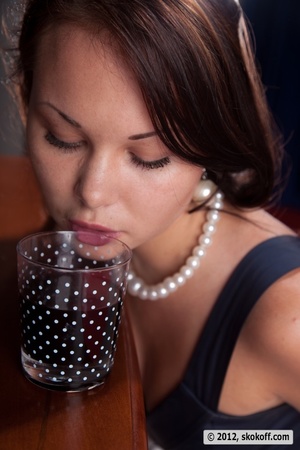 Enticing beav in a blue and white dress flashing on a table. - XXXonXXX - Pic 5