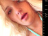 Blonde babe in an azure dress cumming from a glass dildo and vibro