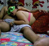 Masked Indian mom tugging her hobby's dick through his kurta to make it