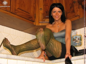 Hot legs and cute feet in pretty green stripped pantyhose served on kitchen counter - XXXonXXX - Pic 6