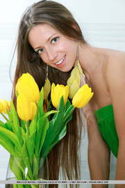 Alluring girlie in a green dress and yellow panties gets naked near some yellow tulips.