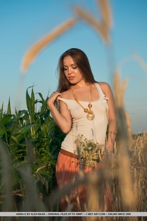 Outstanding nympho in a white shirt and orange skirt presents her trimmed pubes in a wheat field. - XXXonXXX - Pic 2