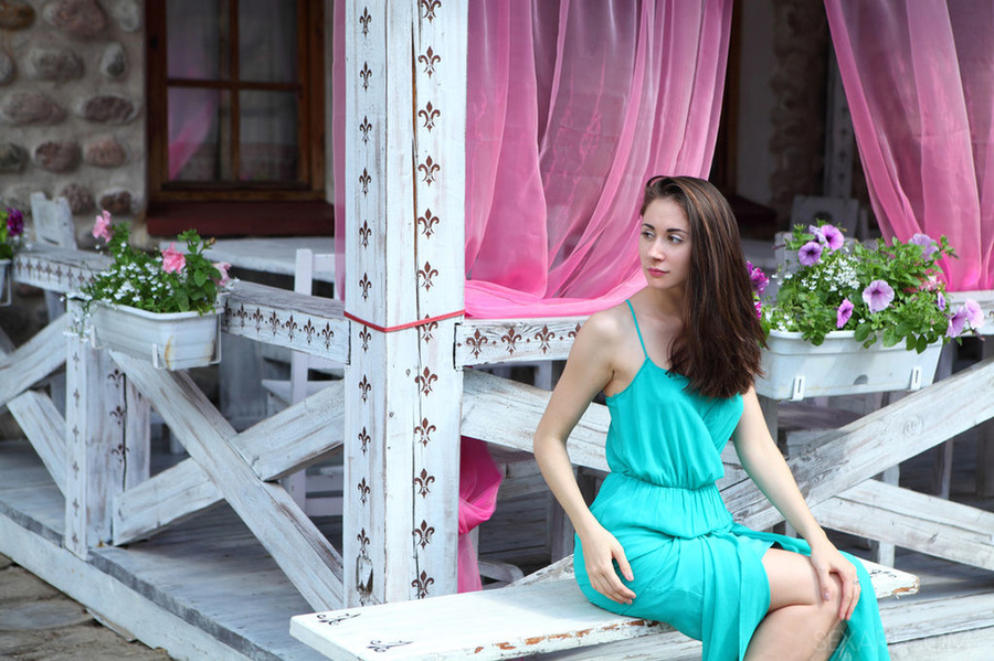 Spicy brunette in blue dress shows tasty ro - XXX Dessert - Picture 1