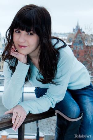 Sexy brunette damsel in blue top and jea - XXX Dessert - Picture 16