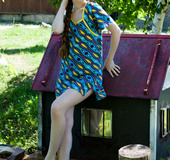 Petite chick strips short blue dress displays sexy small tits, cunt and