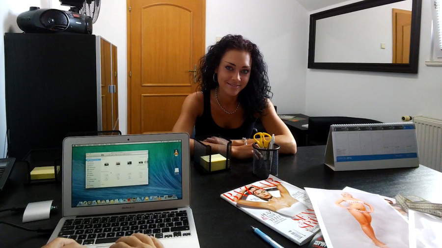 Curly brunette in black vest spreads her le - XXX Dessert - Picture 2