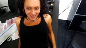 Curly brunette in black vest spreads her - Picture 9