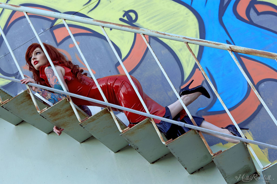 Hot tattooed redhead in red shows tasty tits and shaved pussy on steel staircase - XXXonXXX - Pic 2