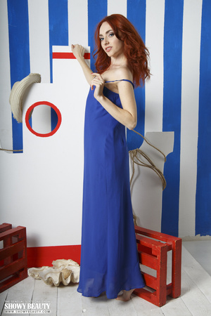 Delish maiden with red hair in a blue dress shows her goodies. - XXXonXXX - Pic 2