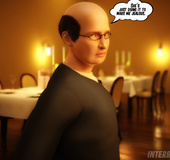 Busty brunette housewife rocking with two black studs in the restaurant