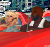 Blonde hooker in red latex seducing black driver to sex while her friend