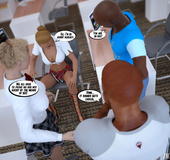 Two blonde hotties hanging out with black stallions in the office