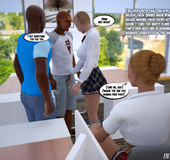 Two black stallions join two blonde hotties lezzing in the office