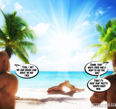 Arousing busty redhead giving an awesome handjob to two black lads on