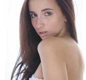 Amazing brunette teen doll takes off her white lace dress to play with