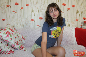 Cute, shaved teen with pierced navel wearing a graphic tee and shorts fucked in floral bedroom. - XXXonXXX - Pic 3