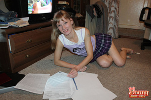 Blonde student in purple plaid pleated skirt pulled away from homework to get fucked on the floor. - XXXonXXX - Pic 2