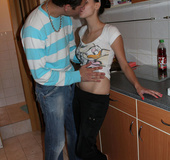 Couple kissing in kitchen results in brunette babe’s snatch licked and