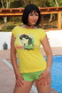 Hottie in yellow tee removes mint green lace panties and tucks them into