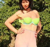 Green bra and panty set peeled off brunette MILF allowing her to reach